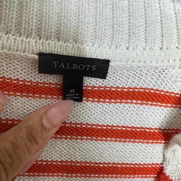 Talbots Women’s Sweater XL White Orange Striped Collared V-Neck Cotton Blend - Picture 3 of 8
